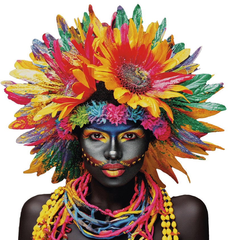 Femme avec un maquillage vibrant et un diadème floral, célébrant le Festival international de danse et musique à Confolens en août 2025.